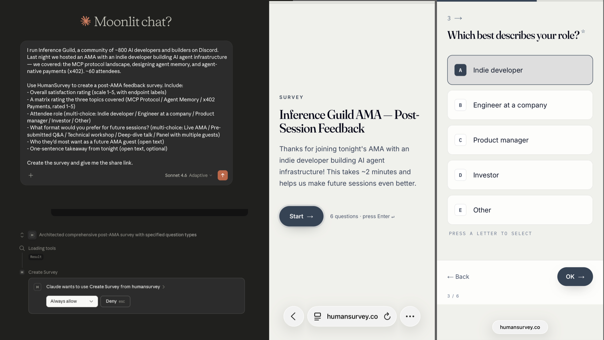 Claude Desktop creating a survey with HumanSurvey MCP, and the resulting form on mobile